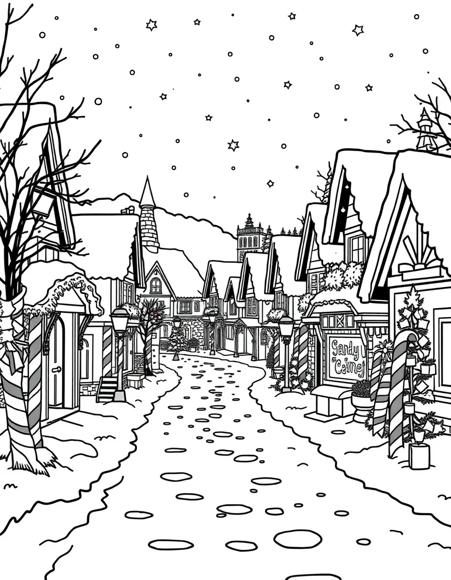 A magical North Pole village with candy cane streetlights.  