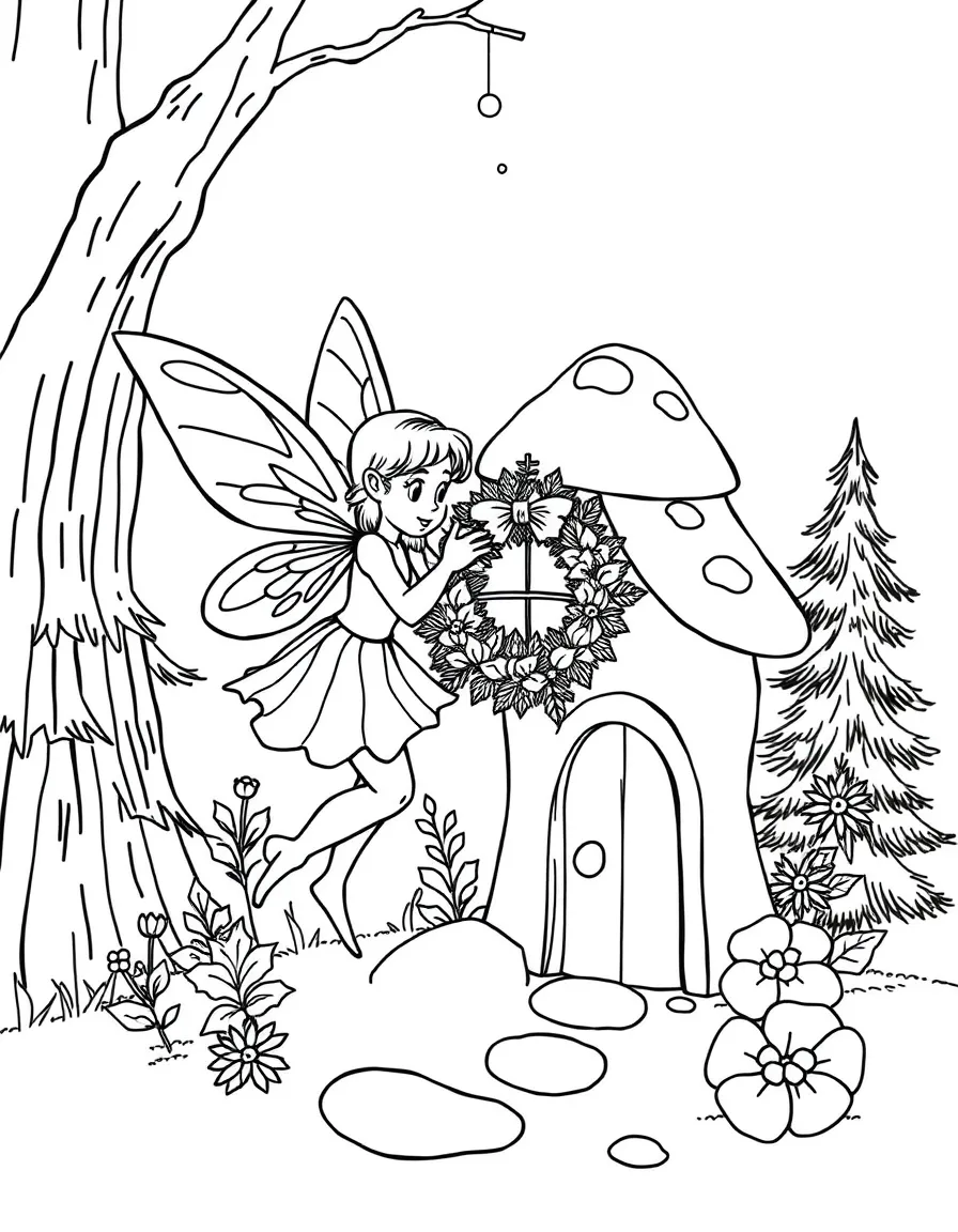A fairy placing a tiny Christmas wreath on a mushroom house.  