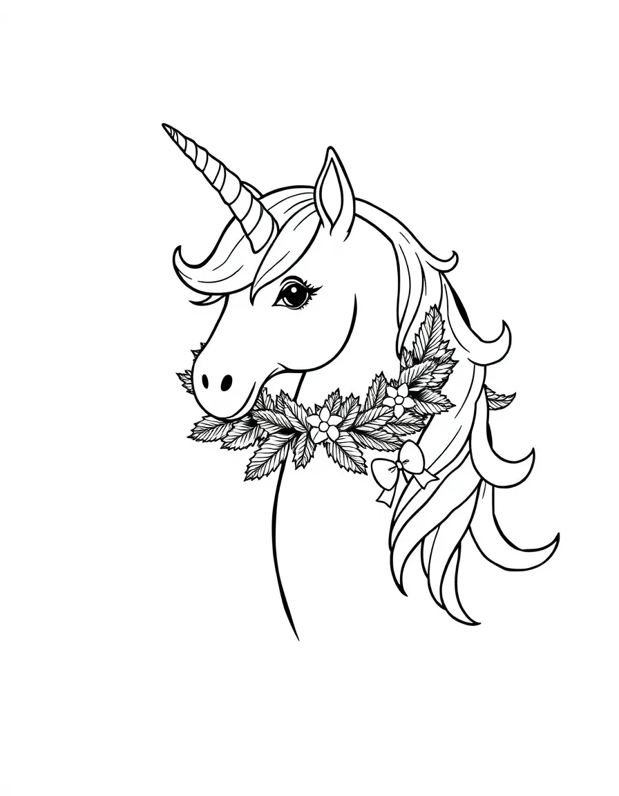 A unicorn with a Christmas wreath around its neck.  