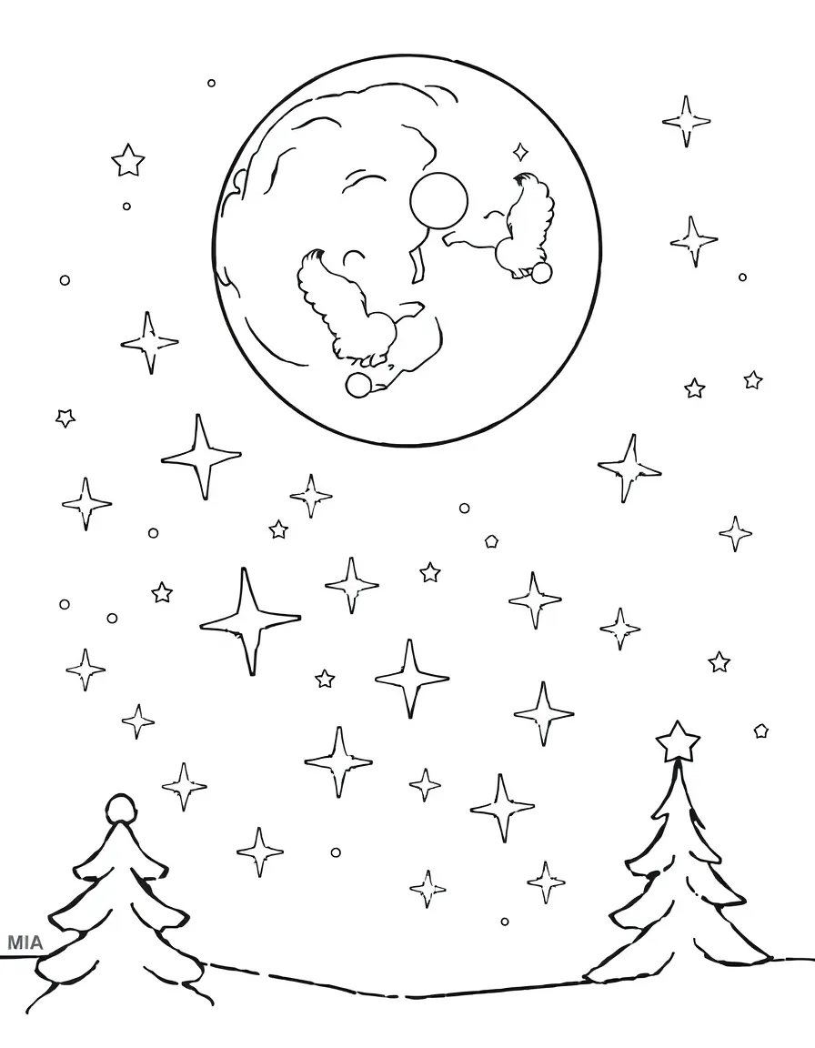 A Christmas night sky with a full moon and twinkling stars forming festive shapes.  