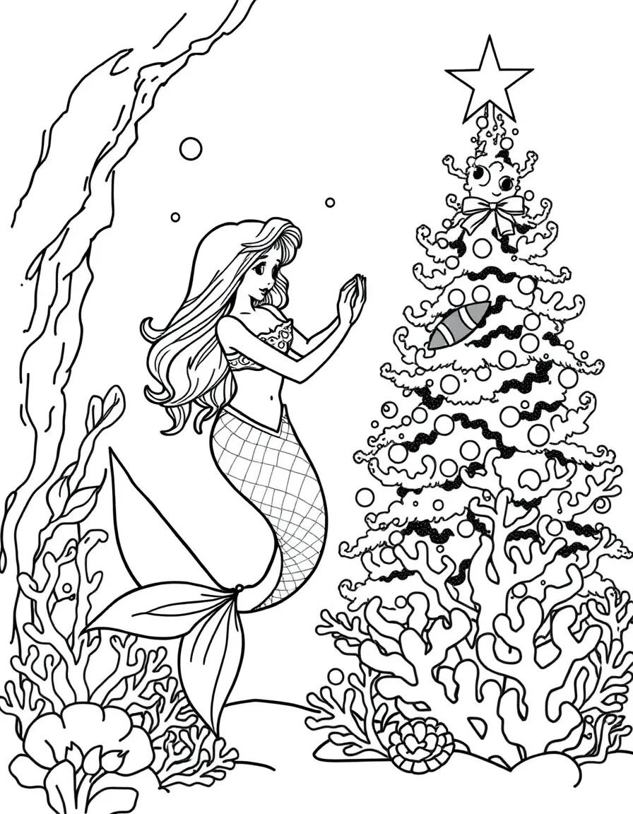 A Christmas mermaid decorating an underwater tree made of coral.  