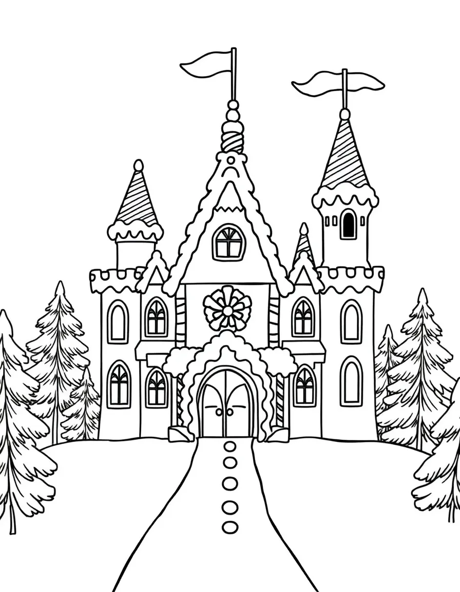 A gingerbread castle with candy turrets and icing snow.  