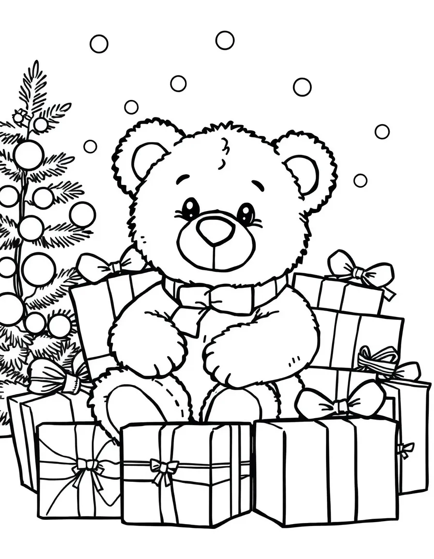 A teddy bear sitting in a pile of Christmas presents.  