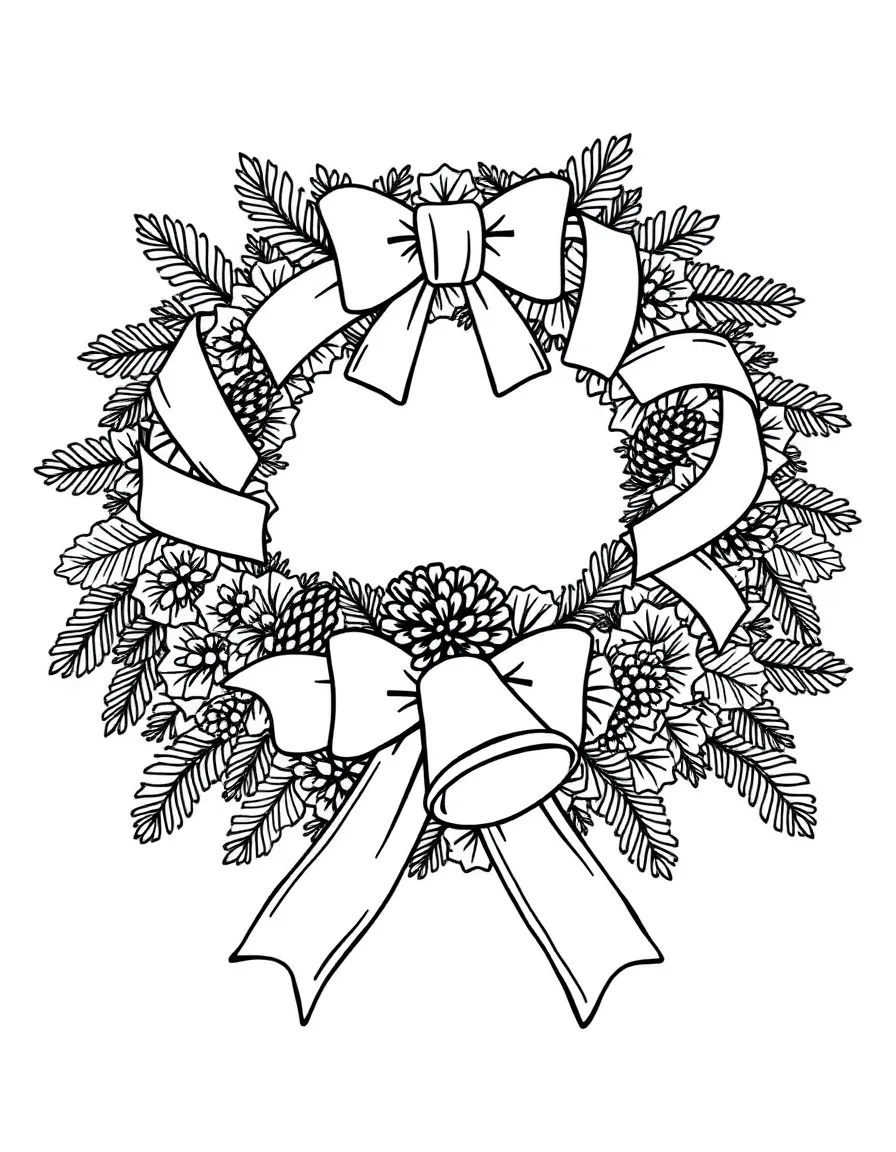 A Christmas wreath with ribbons, pinecones, and bells.  