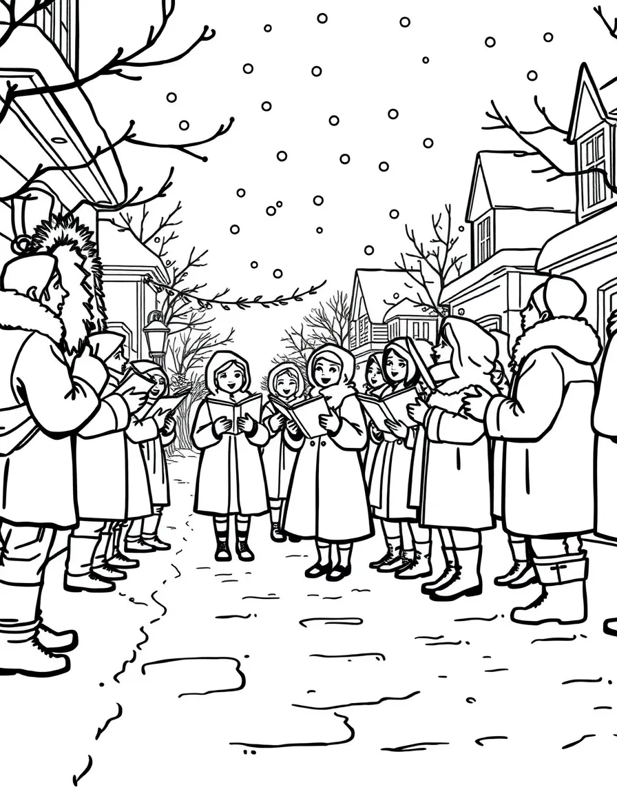 A group of carolers singing on a snowy street.  