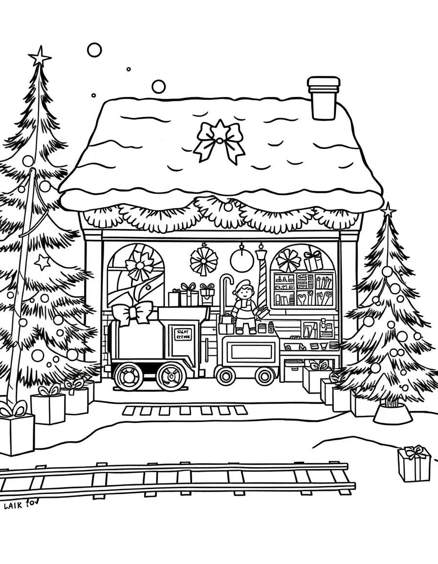 A Christmas toy shop with a train set running through it.  