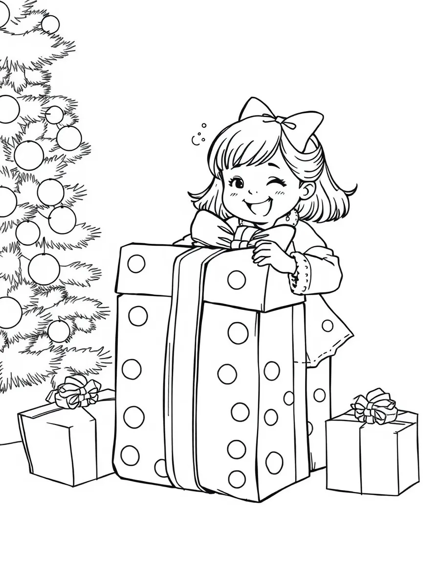 A little girl unwrapping a giant Christmas present with excitement.  