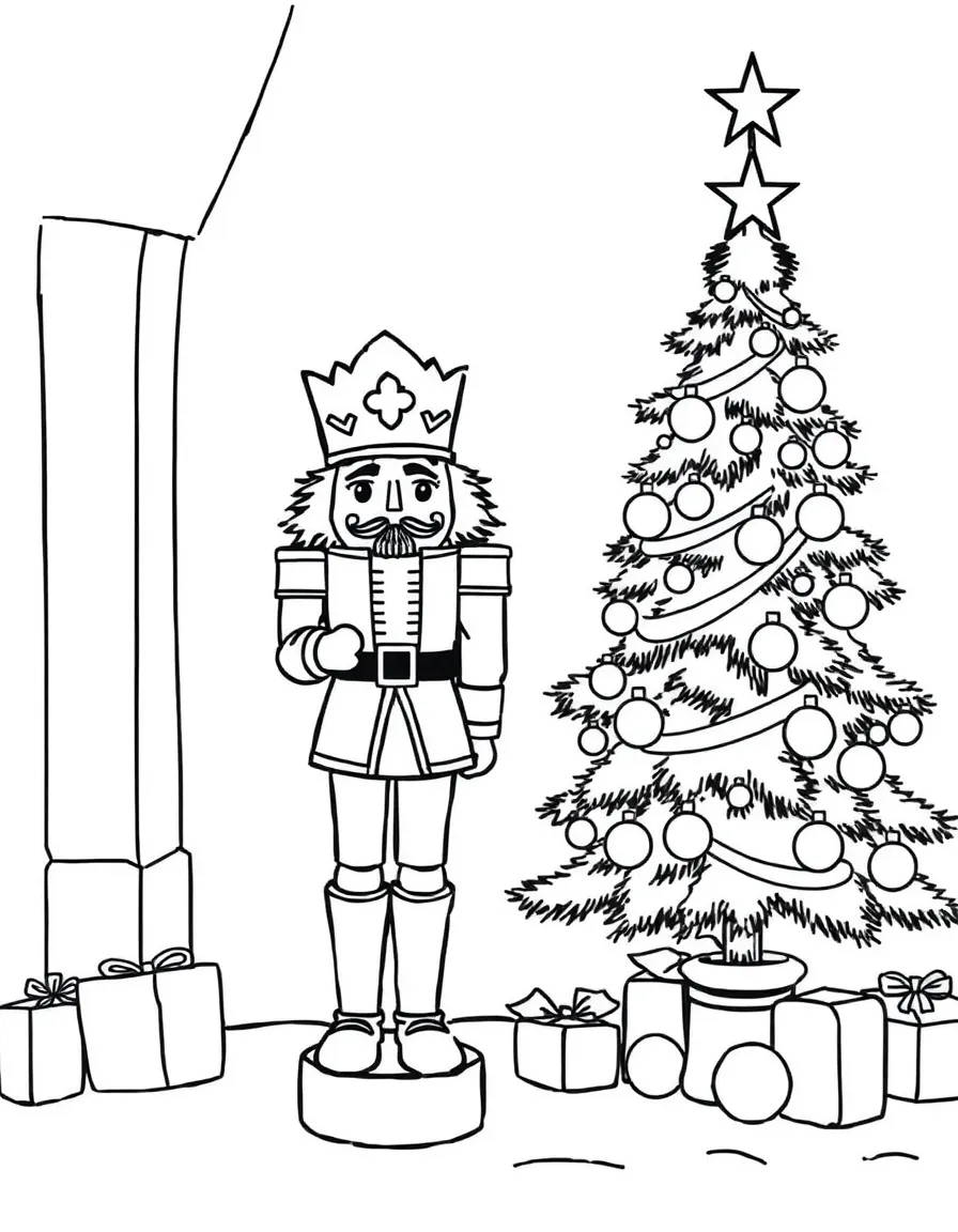 A nutcracker soldier standing guard next to a Christmas tree.  