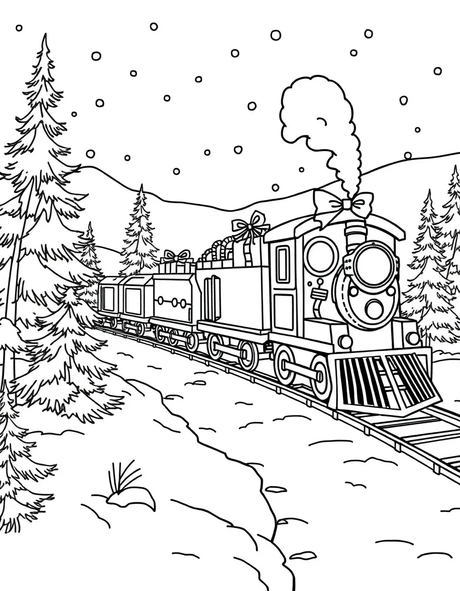 A festive holiday train carrying gifts through a winter landscape.  