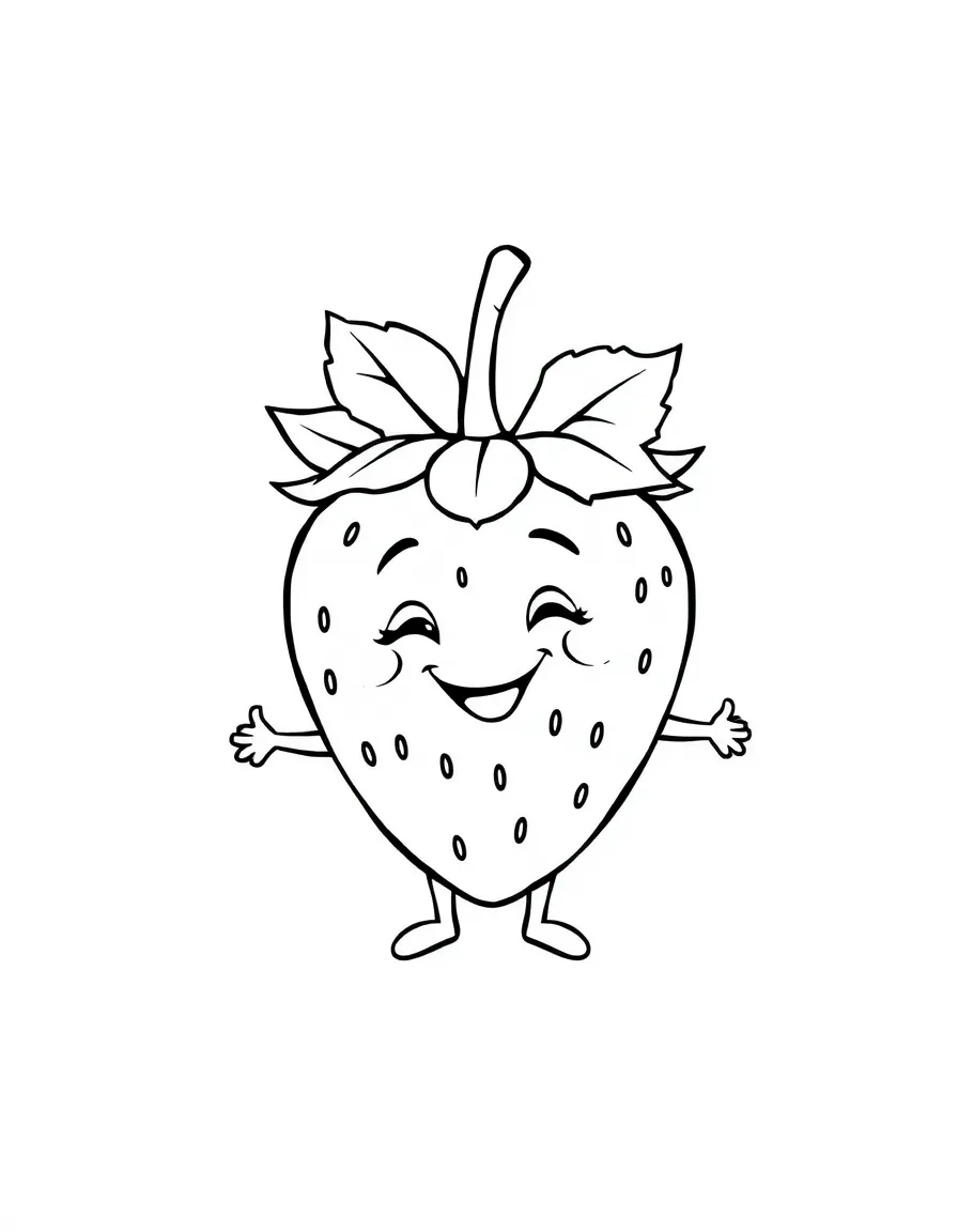 Smiling strawberry with tiny arms and legs wearing a leafy crown