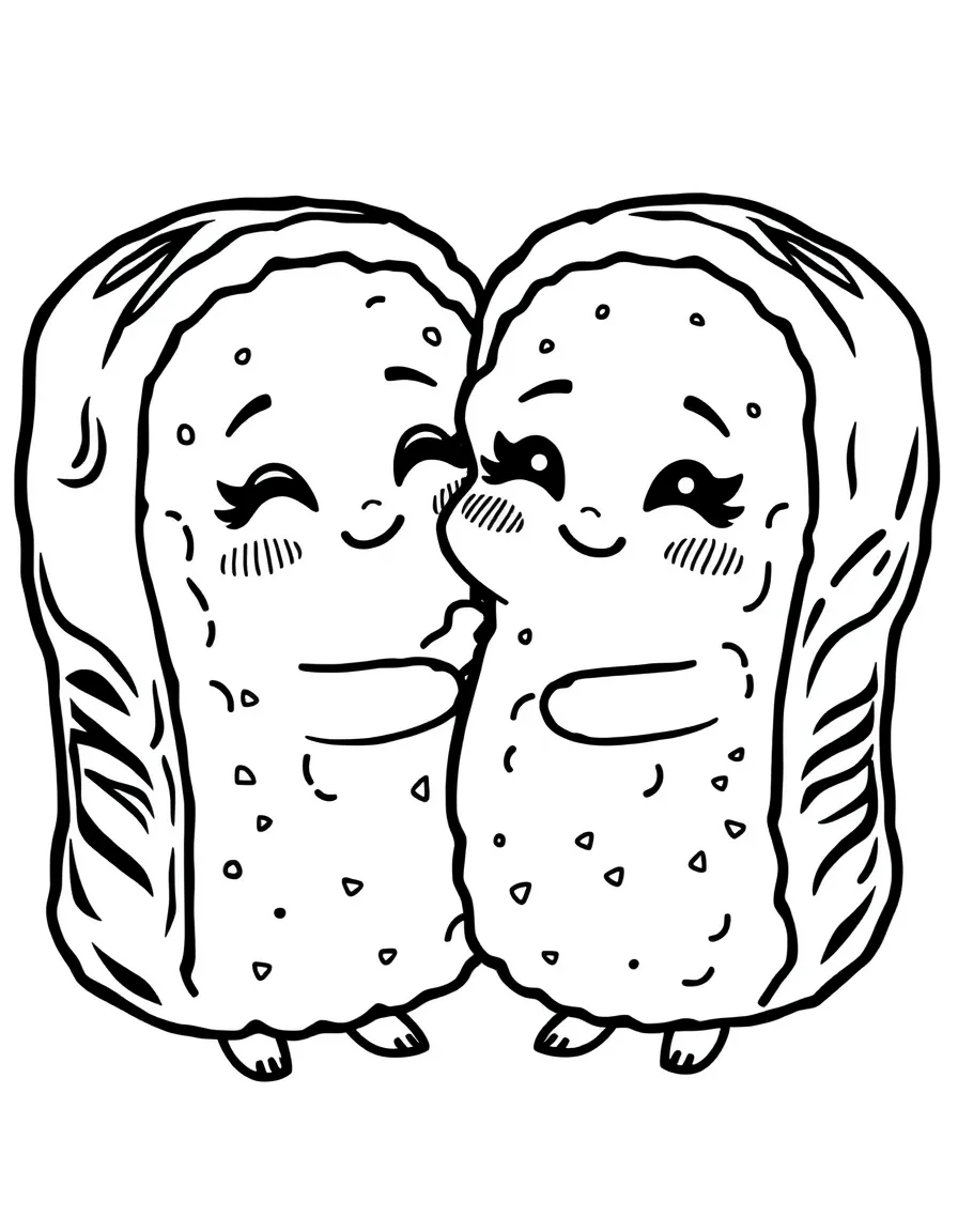 Happy sushi rolls hugging each other with blushy cheeks
