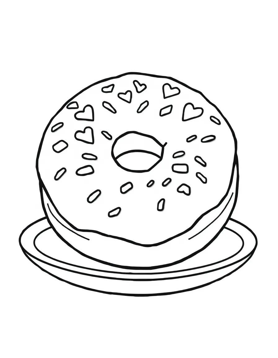 Plump donut with frosting and heart sprinkles relaxing on a plate