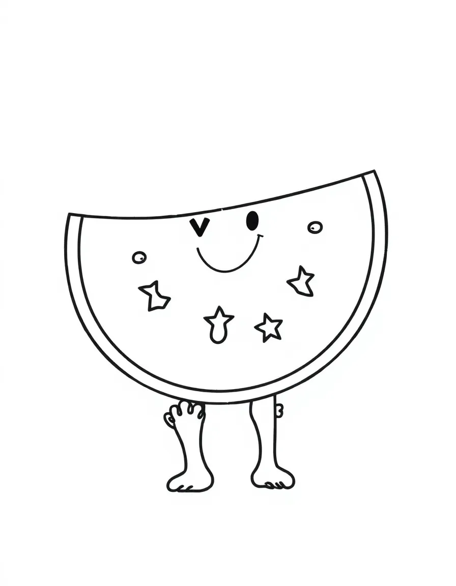 Cheerful watermelon slice with star-shaped seeds and tiny feet