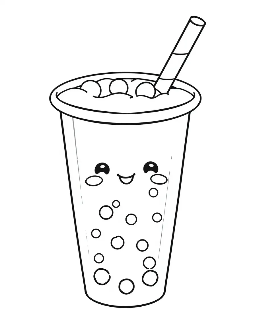 Boba tea with a happy face and kawaii bubbles floating inside