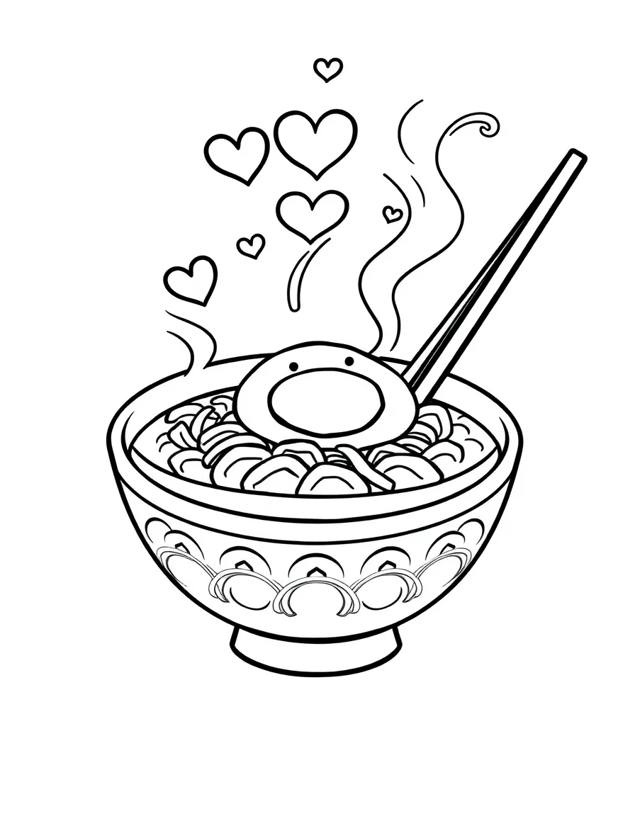 Ramen bowl with steam hearts and smiling egg topping