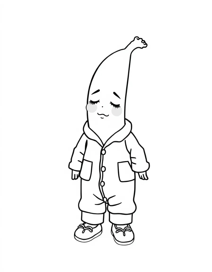 Banana in pajamas with a sleepy face and tiny slippers