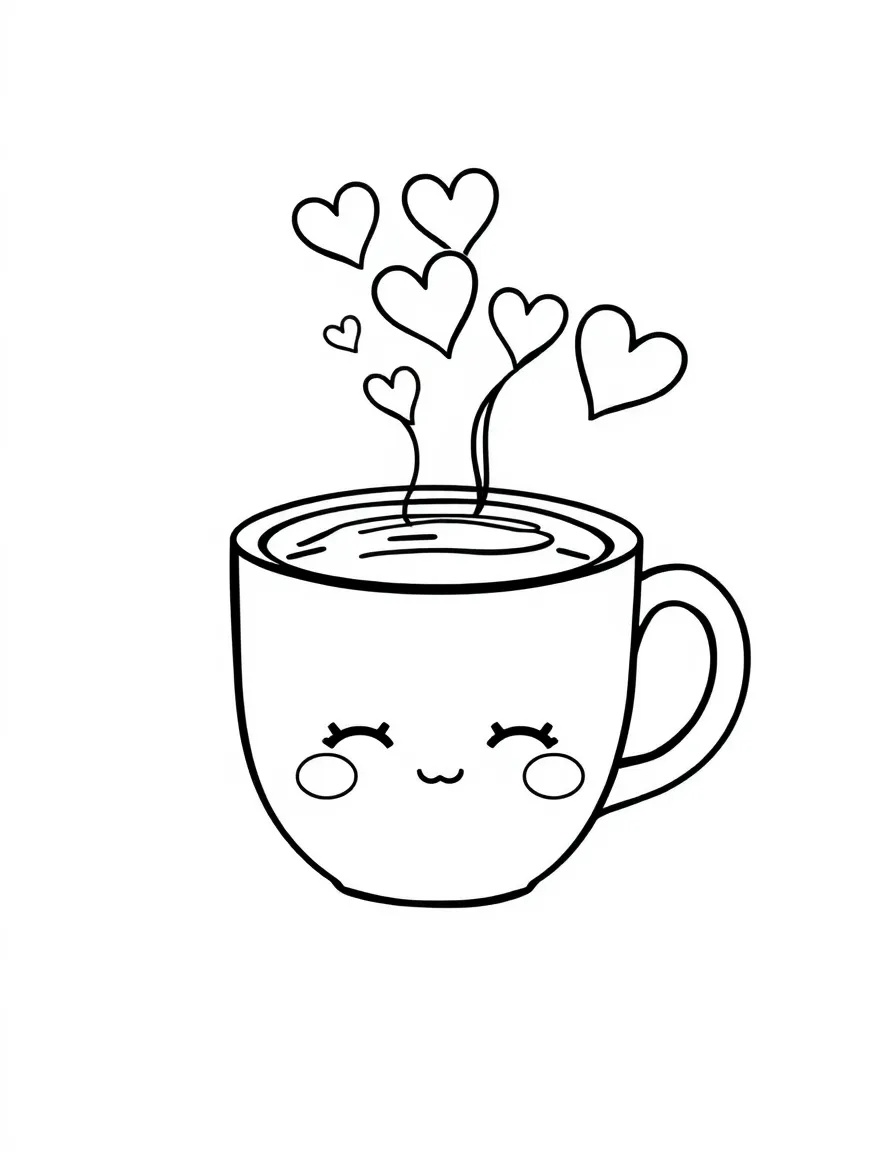 Kawaii coffee cup with steam hearts and a sleepy face