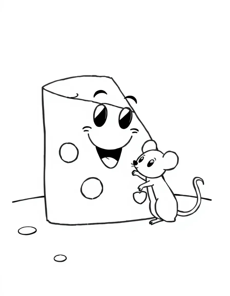 Cheerful cheese wedge with tiny mouse companion