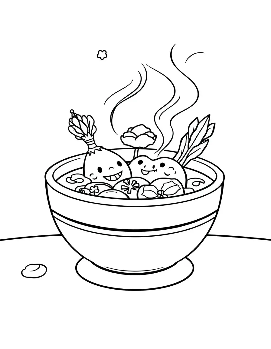 Steaming bowl of soup with vegetable friends floating inside