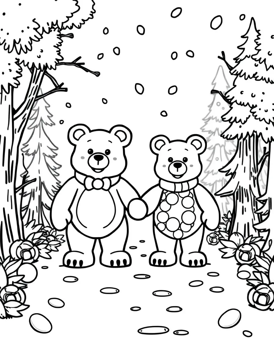 Gummy bear family holding hands in a candy forest