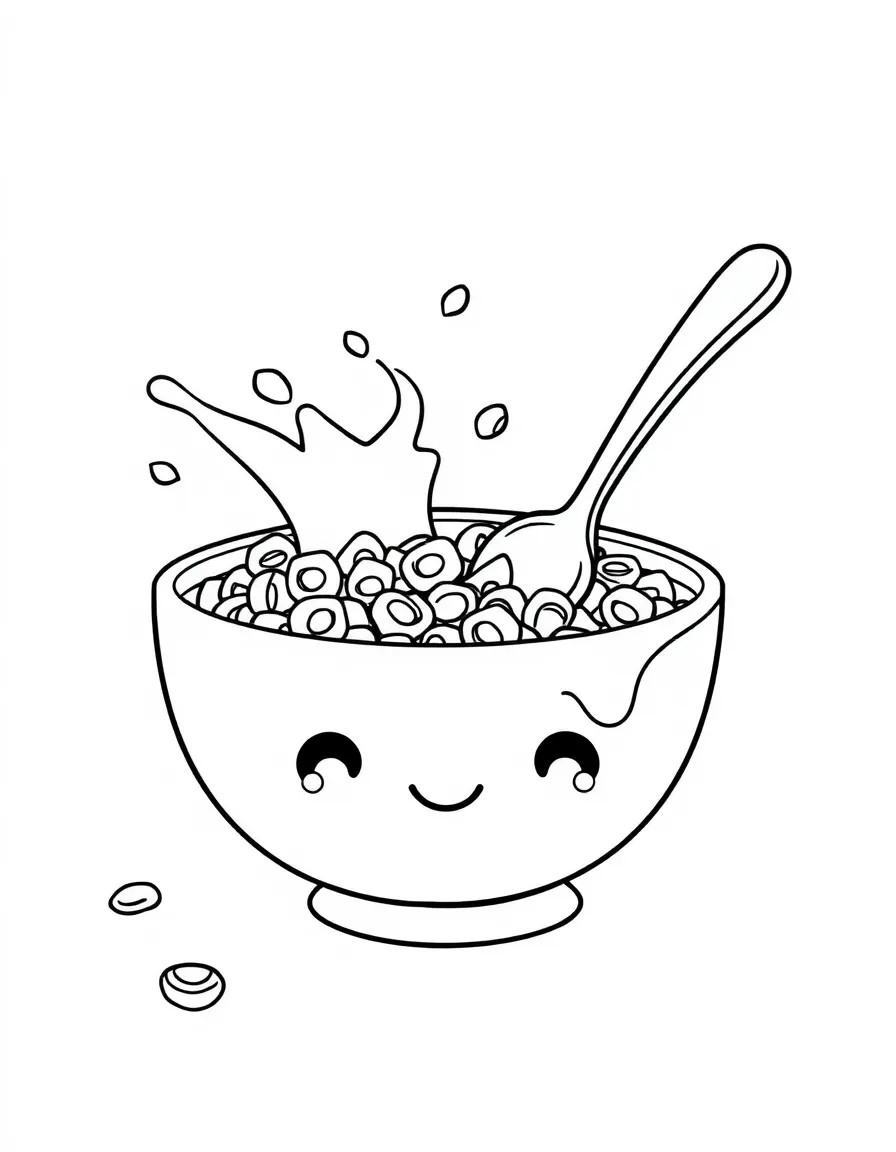 Cute bowl of cereal with milk splash and spoon companion