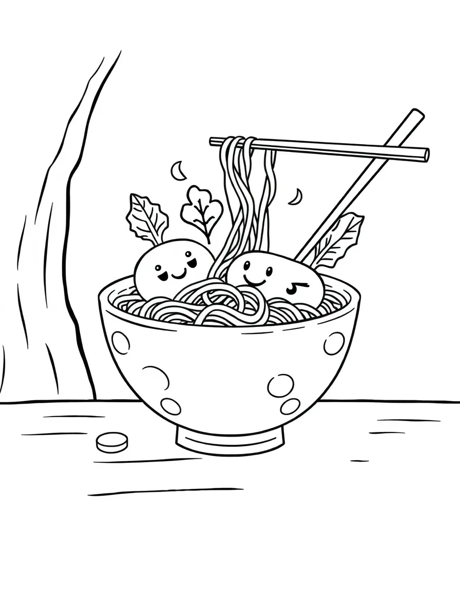 Noodle bowl with chopsticks and vegetable friends
