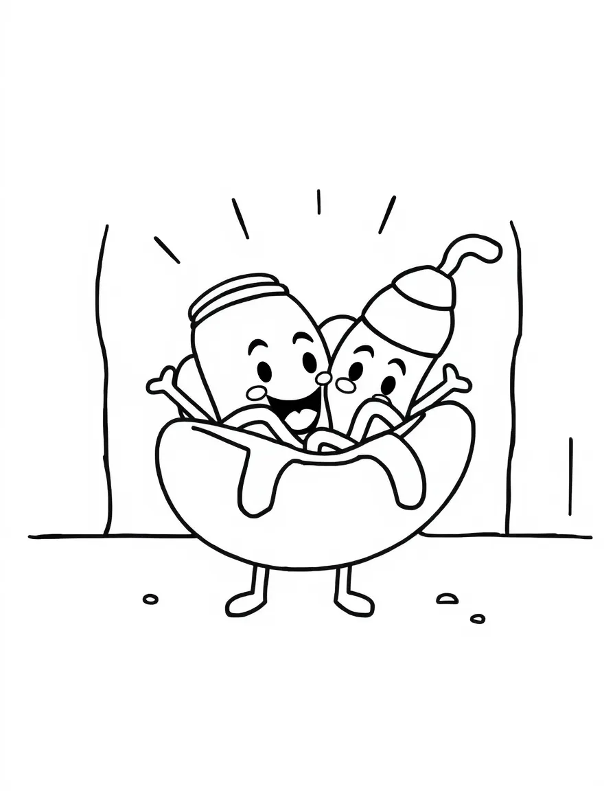 Happy hot dog in a bun with condiment friends