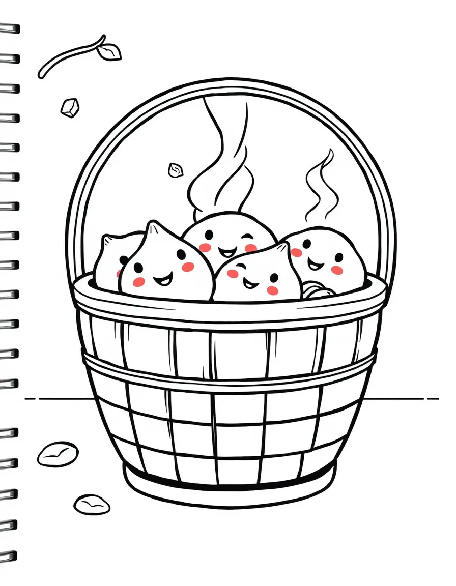 Dim sum basket with different dumpling characters
