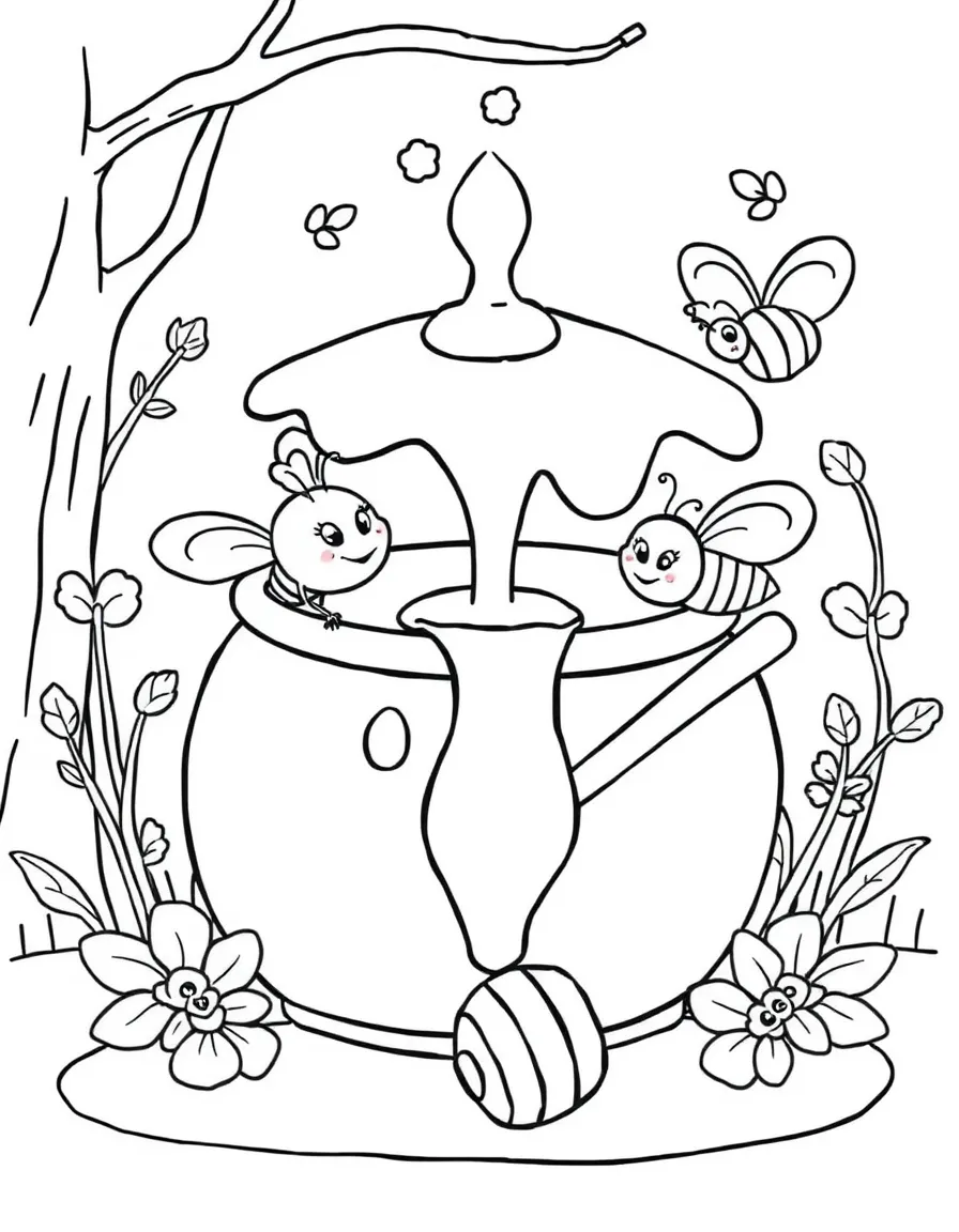 Happy honey pot with bee friends and a dipper