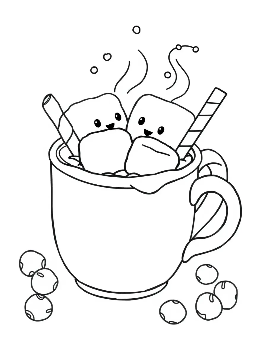 Cozy hot chocolate mug with marshmallow friends floating