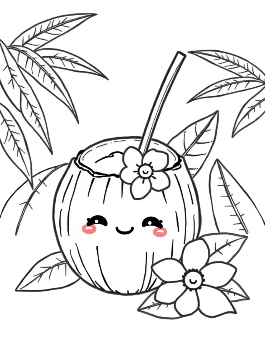 Kawaii coconut with straw and tropical flower