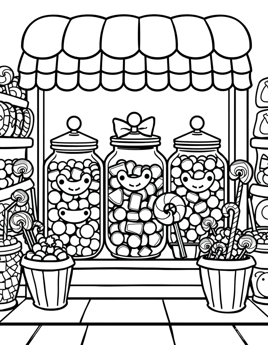 Candy shop with jars of smiling sweets and lollipops