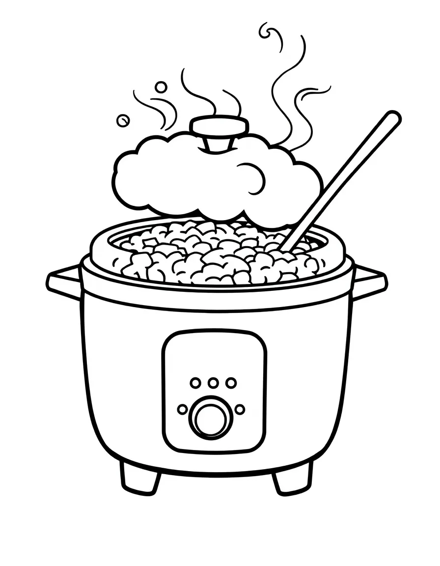 Adorable rice cooker with steam cloud and rice paddle