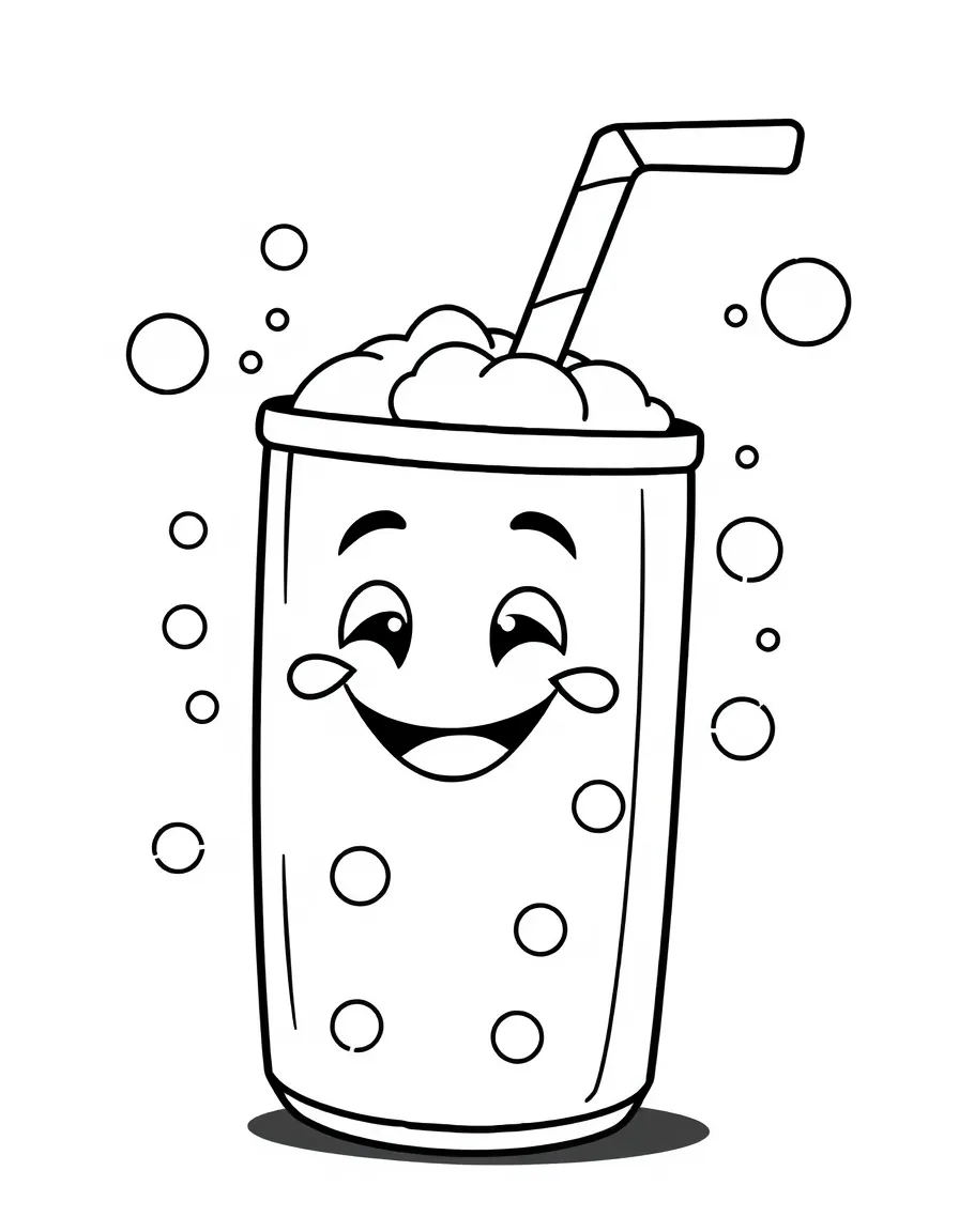 Smiling soda can with straw and fizzy bubbles