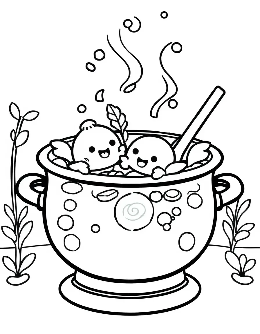 Kawaii hotpot with ingredient friends swimming inside