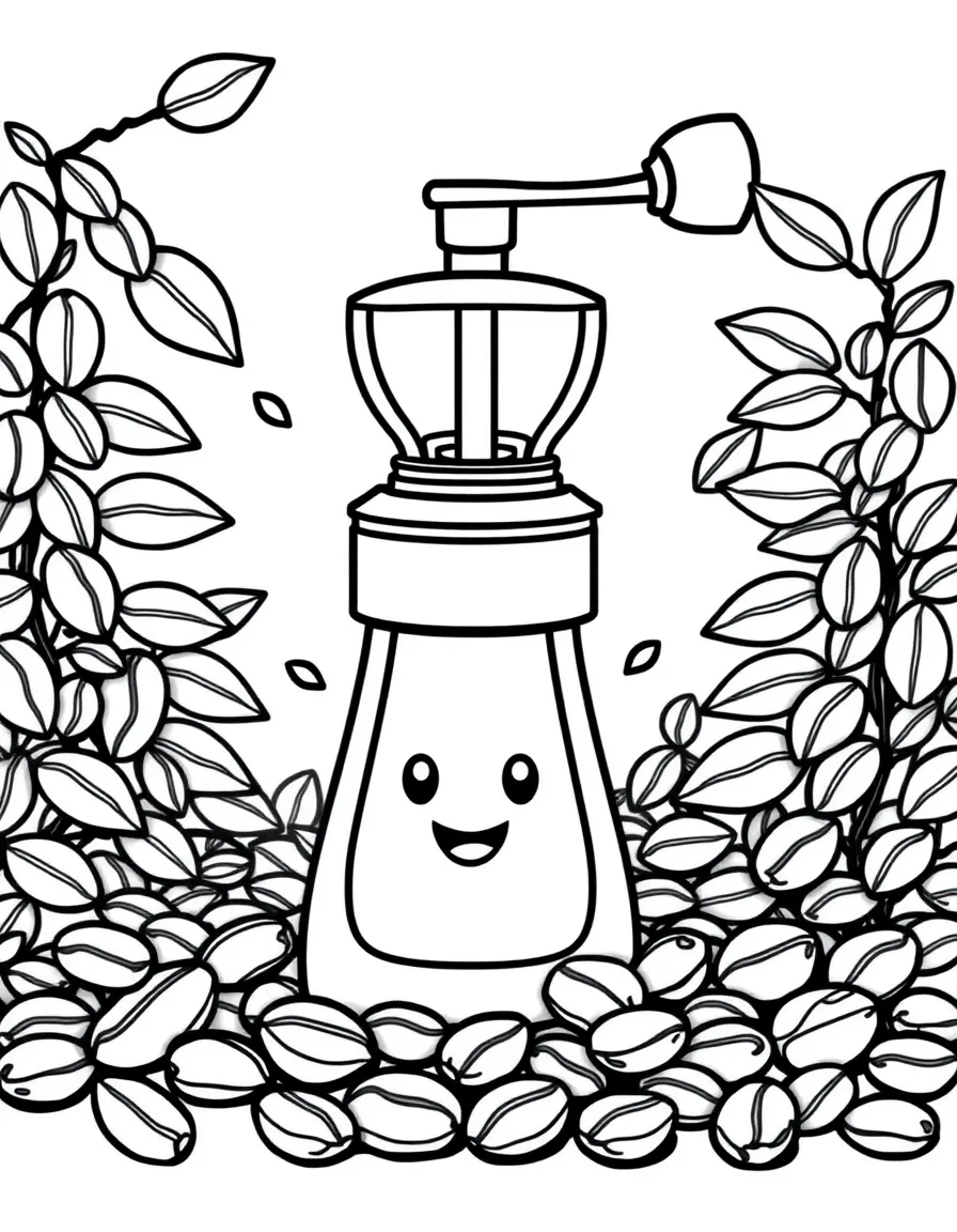 Smiling coffee beans around a coffee grinder