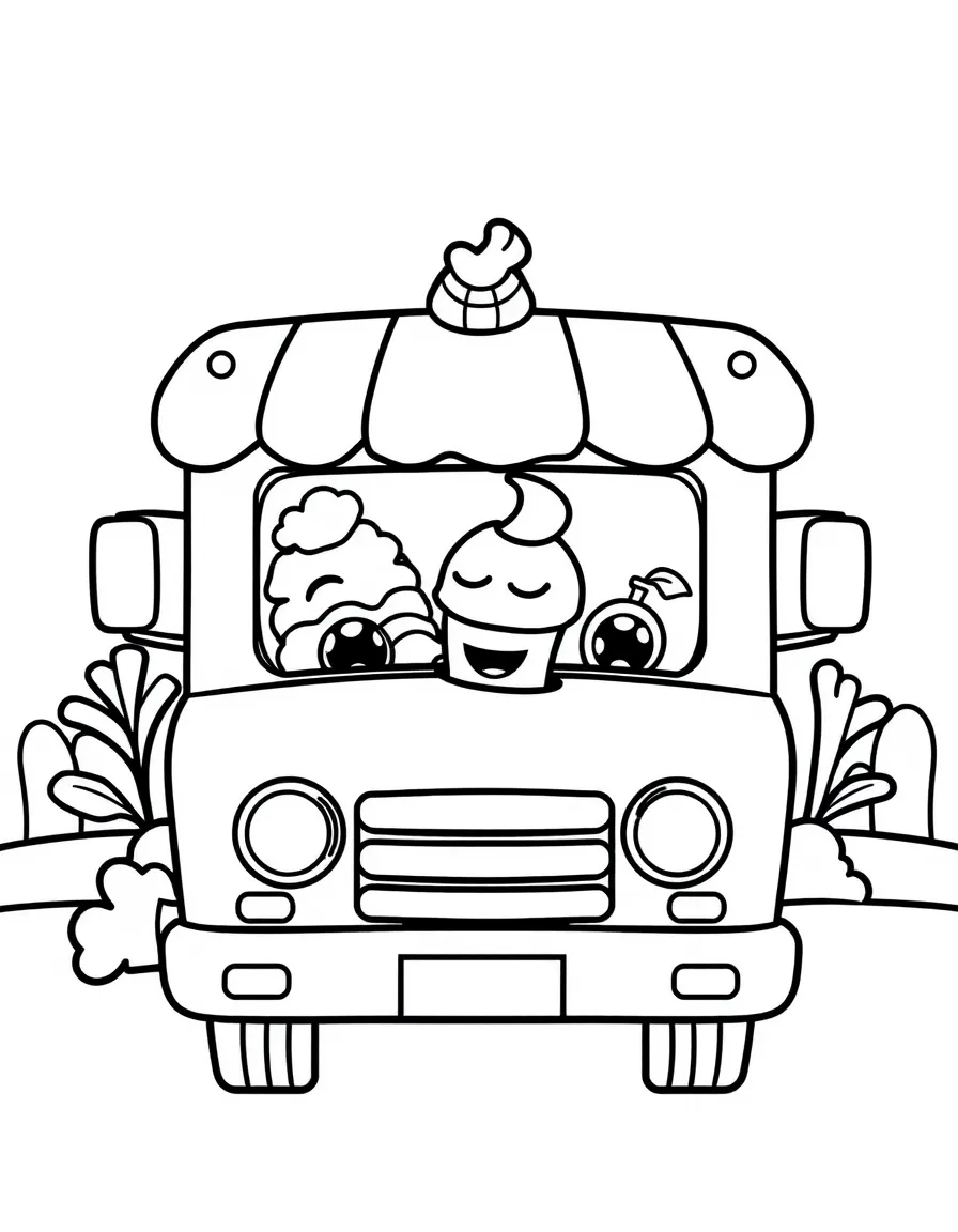 Cheerful ice cream truck with cone and popsicle friends