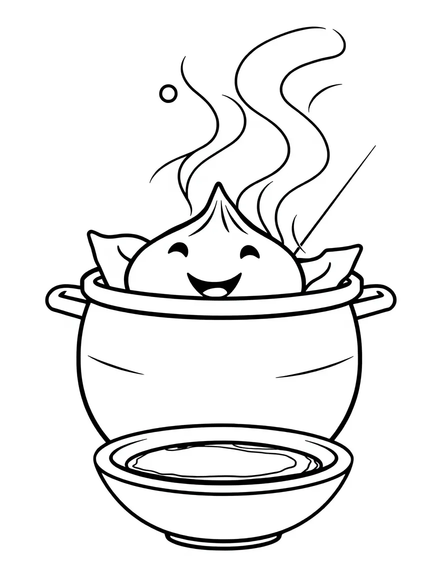 Happy dumpling with a steaming pot and dipping sauce