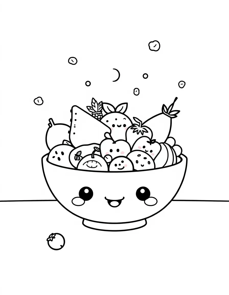Kawaii fruit salad bowl with different fruit characters