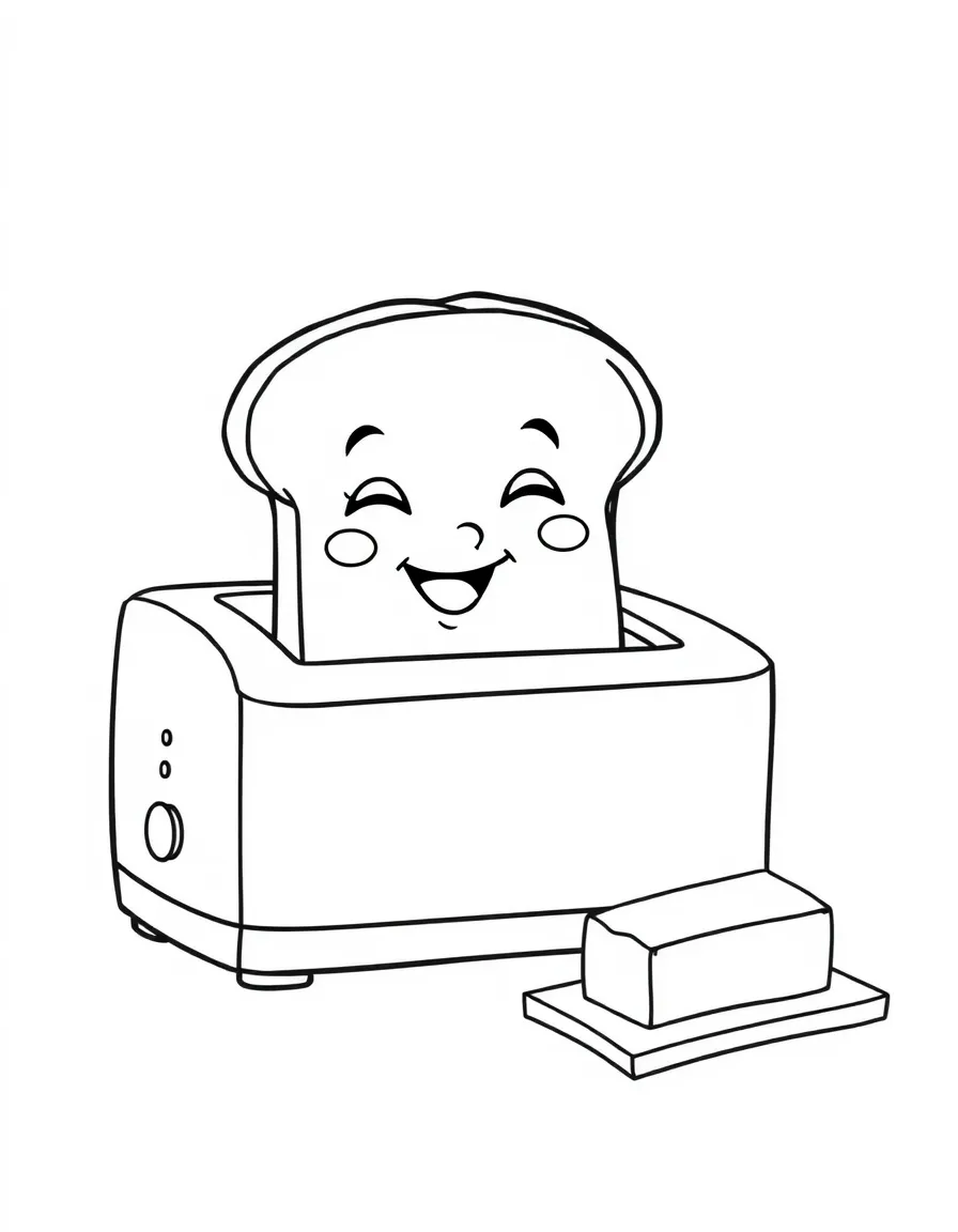 Smiling bread slice in a toaster with butter waiting nearby