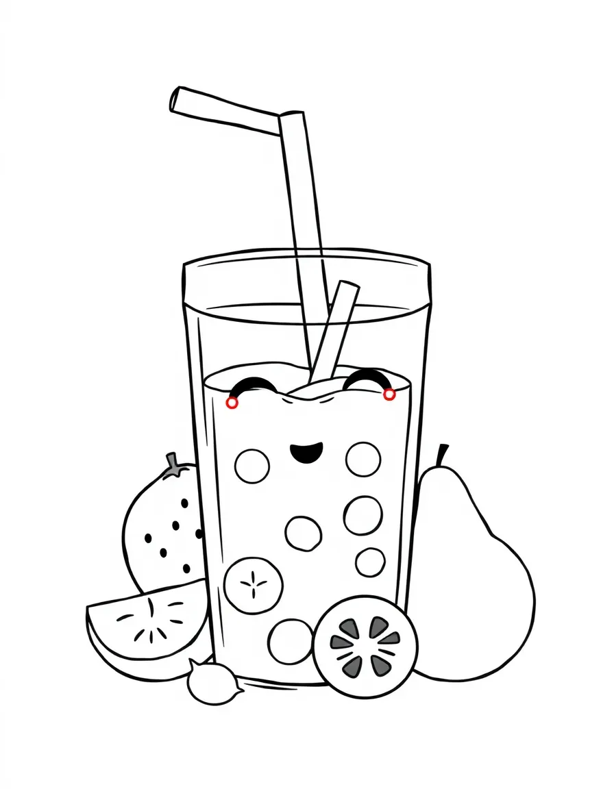 Cute juice box with straw and fruit friends
