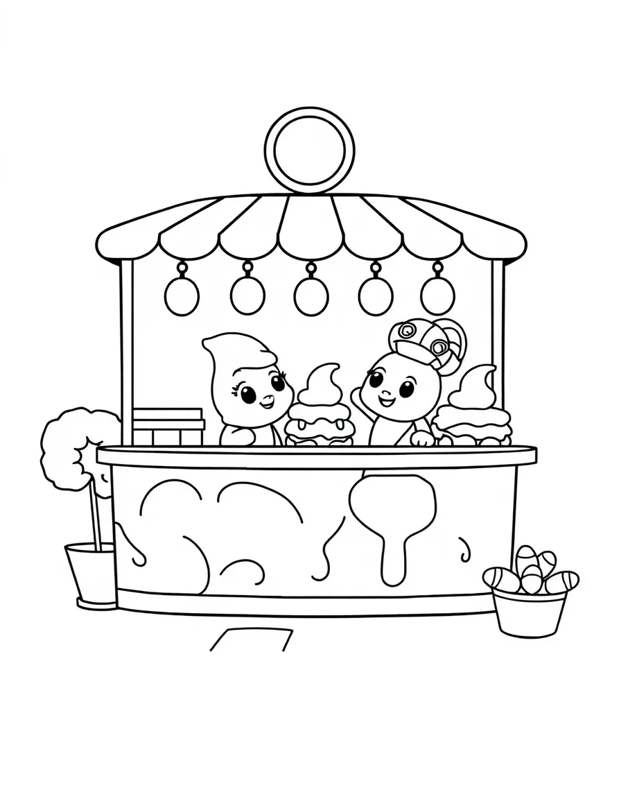 Adorable ice cream parlor with scoop characters