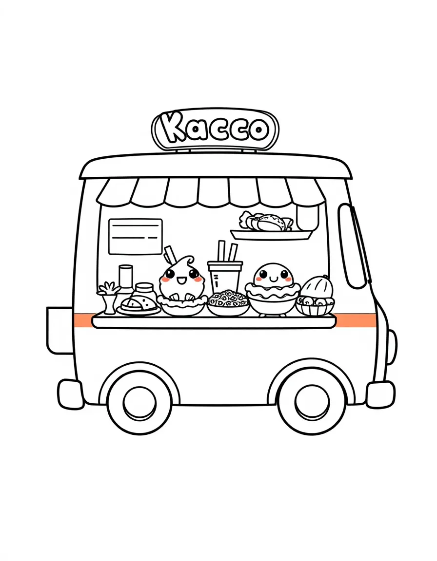Kawaii food truck with menu of smiling dishes