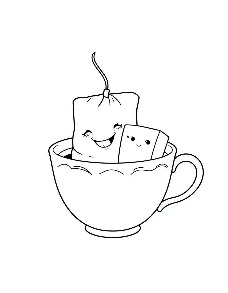 Smiling tea bag in a teacup with sugar cube friends