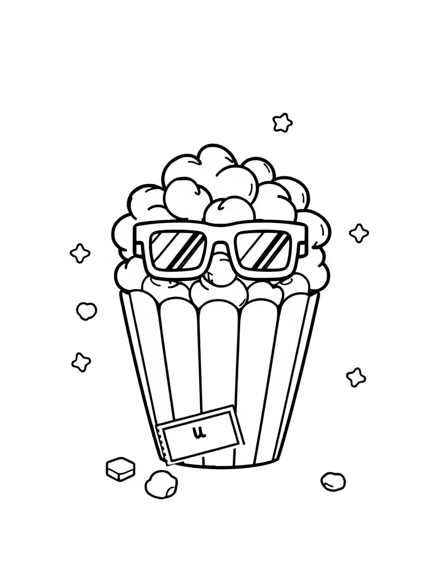 Kawaii popcorn box with movie ticket and 3D glasses
