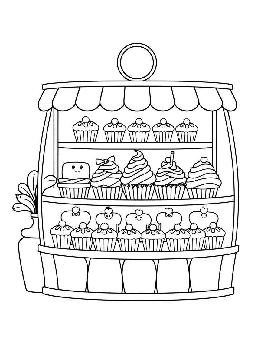 Adorable cupcake bakery with display case of characters