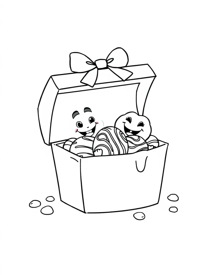 Smiling chocolate box with truffle characters inside