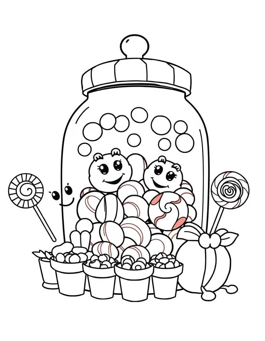 Happy candy shop with jar characters and lollipop display