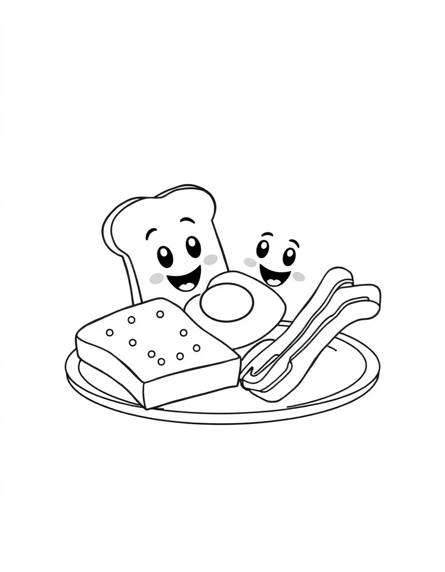 Happy breakfast tray with toast, egg, and bacon friends