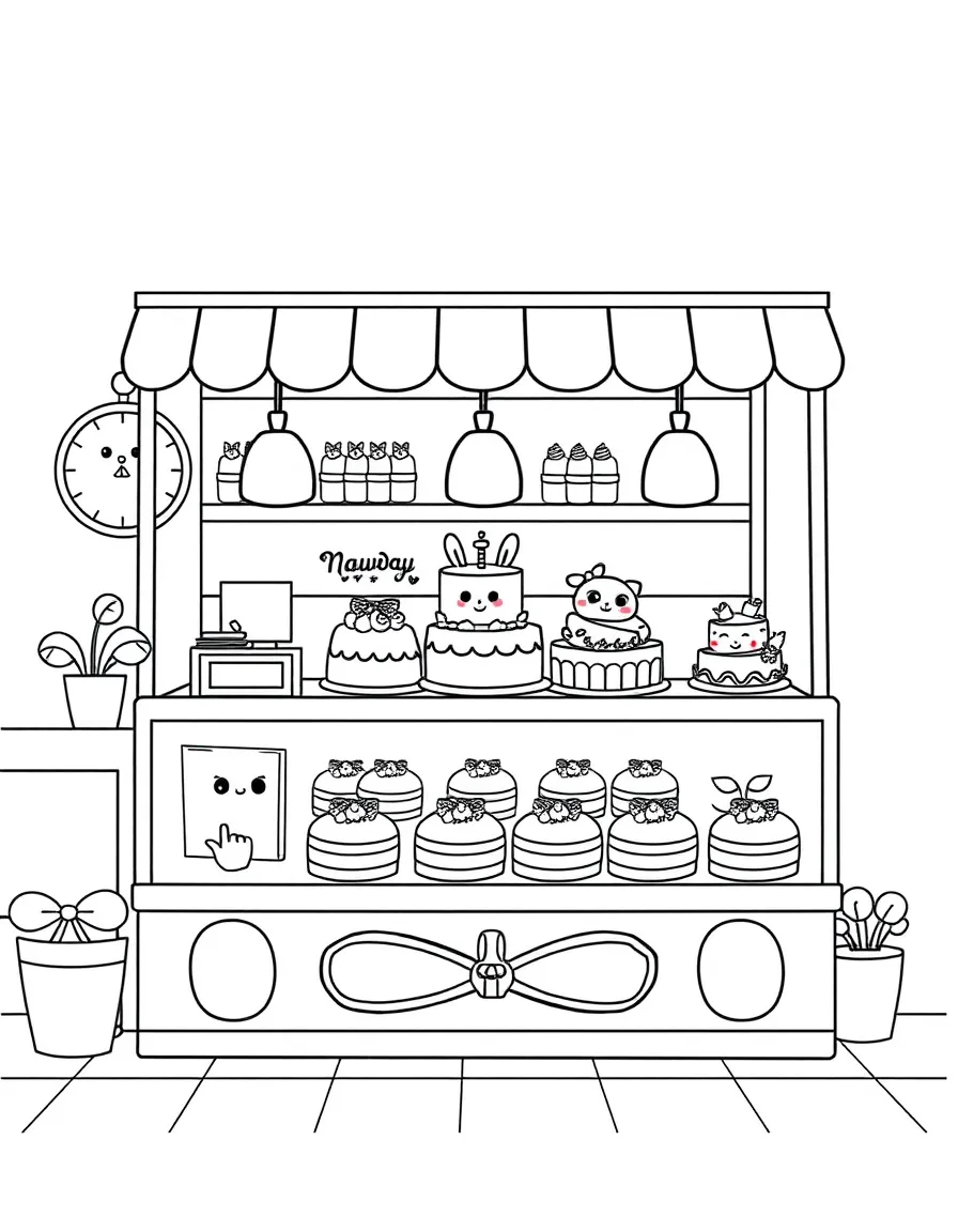 Kawaii cake shop with display case of character cakes